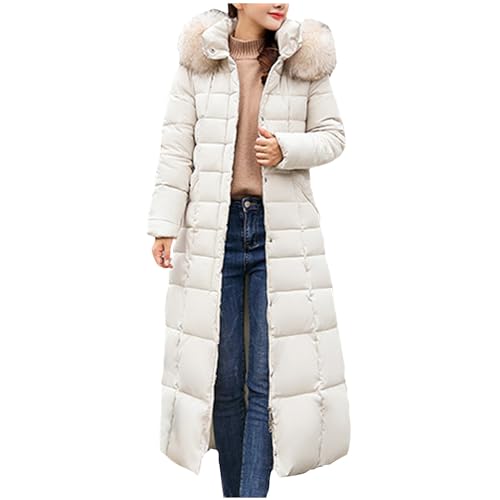 Damen Winterjacke Leichter Warme, Sale Steppjacke Elegant Schick, Extra Langer Wintermantel Extra Langer Knielanger Lockerer Kältebeständiger Und Warmer, Verdickter Baumwoll Daunenjacke Mit Pelzkragen von HAOLEI