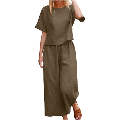 Damen Zweiteiler Leicht Und Luftig, Musselin Set Sommer Baumwolle Und Leinen, Sale Angebote Einfarbiges Oberteil Und Hosenset (1 Oberteil + 1 Hose), Sommer Outfits Elegant Schicke von HAOLEI