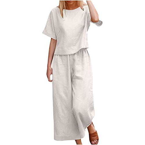 Damen Zweiteiler Leicht Und Luftig, Musselin Set Sommer Baumwolle Und Leinen, Sale Angebote Einfarbiges Oberteil Und Hosenset (1 Oberteil + 1 Hose), Sommer Outfits Elegant Schicke von HAOLEI