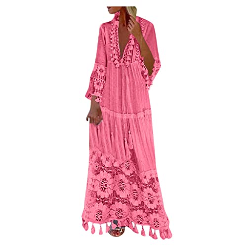 HAOLEI 2024 Blusenkleid Damen Elegant Schicke, Günstig Modisches Und Lässiges Langes Spitzen Abendkleid Im Bohème-Stil Mit V-Ausschnitt, Sale Sommerkleid Leicht Luftig Einfarbiger Spitze Und Quaste von HAOLEI