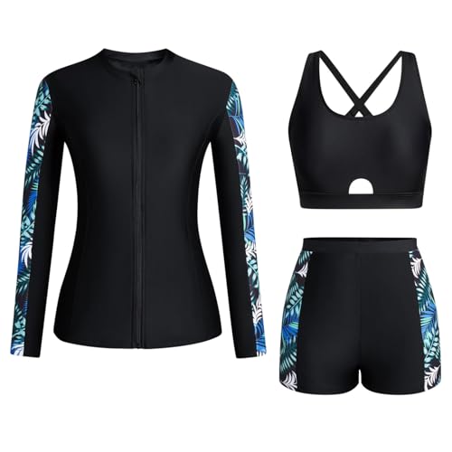 HAOLEI Badeanzug Damen Modische Bauchweg, 3 Teiliger Langarm Badeanzug Mit Reißverschluss, Schwimmshirt Mit Shorts, Schnelltrocknender Neoprenanzug, Surf Zweiteiler Set Swimming Suits Schwimmanzug von HAOLEI