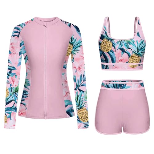 HAOLEI Badeanzug Damen Modische Bauchweg, 3 Teiliger Langarm Badeanzug Mit Reißverschluss, Schwimmshirt Mit Shorts, Schnelltrocknender Neoprenanzug, Surf Zweiteiler Set Swimming Suits Schwimmanzug von HAOLEI