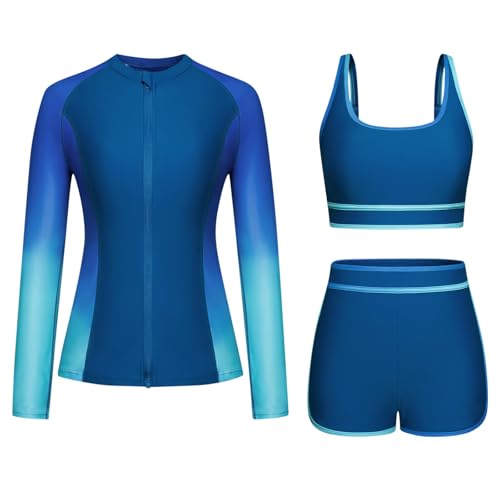 HAOLEI Badeanzug Damen Modische Bauchweg, 3 Teiliger Langarm Badeanzug Mit Reißverschluss, Schwimmshirt Mit Shorts, Schnelltrocknender Neoprenanzug, Surf Zweiteiler Set Swimming Suits Schwimmanzug von HAOLEI
