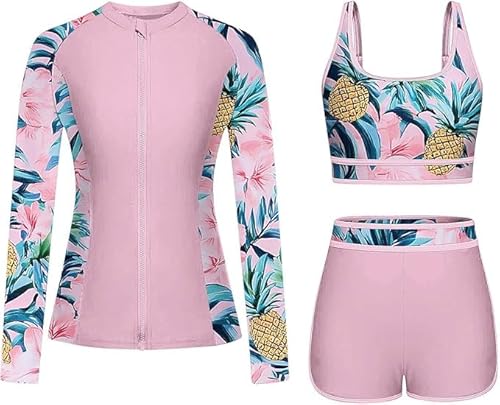 HAOLEI Badeanzug Damen Modische Bauchweg, 3 Teiliger Langarm Badeanzug Mit Reißverschluss, Schwimmshirt Mit Shorts, Schnelltrocknender Neoprenanzug, Surf Zweiteiler Set Swimming Suits Schwimmanzug von HAOLEI