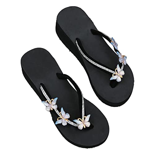 HAOLEI Damen Flip Flops Elegante Und Schicke, Hausschuhe Sommer Original, Lässige Und Bequeme Hausschuhe Und Sandalen Mit Keilabsatz Und Dicker Sohle Und Offener Schleife Aus Strasssteinen von HAOLEI
