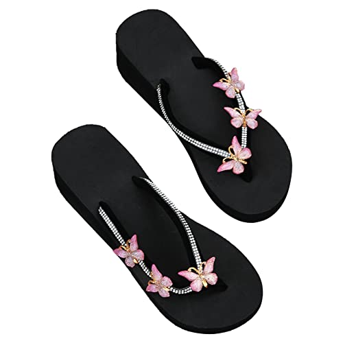 HAOLEI Damen Flip Flops Elegante Und Schicke, Hausschuhe Sommer Original, Lässige Und Bequeme Hausschuhe Und Sandalen Mit Keilabsatz Und Dicker Sohle Und Offener Schleife Aus Strasssteinen von HAOLEI