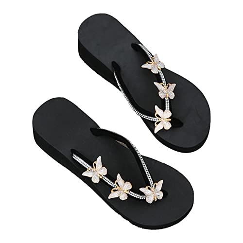 HAOLEI Damen Flip Flops Elegante Und Schicke, Hausschuhe Sommer Original, Lässige Und Bequeme Hausschuhe Und Sandalen Mit Keilabsatz Und Dicker Sohle Und Offener Schleife Aus Strasssteinen von HAOLEI