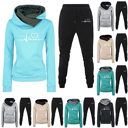 HAOLEI Damen Hausanzug mit Kapuze 2 Teile Herbst Buchstaben Druck Langarm Trainingsanzug Frau Lose Jogginganzug Kapuzenpullover Jogginghose für Damen Yoga Gym von HAOLEI