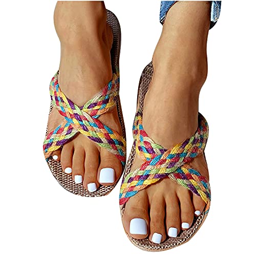 HAOLEI Damen Hausschuhe Zehentrenner Sommer Flache Bequeme Strandschuhe Slip On Slides Flip Flops Bambus rutschfeste Sandalen Silent Bamboo Rattan Badelatschen Sommersandalen von HAOLEI