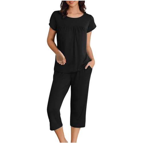 HAOLEI Damen Pyjama Set, Heim Set, Einfarbiges Kurzarm Oberteil + Dreiviertel Hose Mit Taschen, Günstig Heim Sport Pyjama Set, Lounge Set Weich Und Bequem, Sale Hausanzug Elegant Schick von HAOLEI