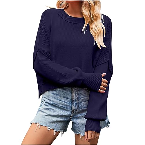 HAOLEI Damen Rundhalspullover Außenhandel Einfarbiger Lockerer Pullover, Strickpullover Oberteil Warme Bequem, Günstig Pulli Elegant Schick, Sweater Leichte Weich Winterpullover Casual Mode von HAOLEI