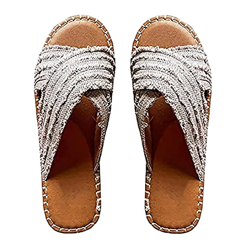 HAOLEI Espadrilles Anti-rutsch Riemchensandale Denim Leinen Home Indoor Toe Flache Schuhe Slipper Strand Hausschuhe Damen Sommer Offene Zehe Strandsandalen Wohnungen Beach Sandalen von HAOLEI