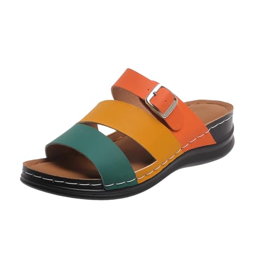 Hausschuhe Damen Für Grip Und Halt Sonderangebot Sandalen Peep Toe Slipper Gürtelschnalle Im Colorblock Sale Badelatschen Leicht Robuste Pantoletten Wasserfest Rutschfest Badeschuhe Schlappen von HAOLEI