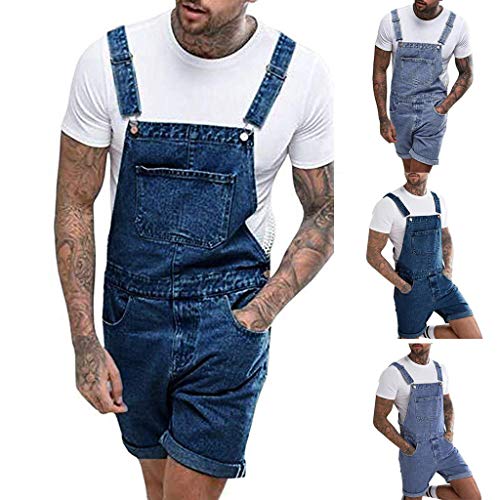 HAOLEI Herren Latzhose Jeans Hosen Shorts Lose Denim Pants Stonewash Jumpsuit Overall Mode Einfarbig Kurze Hosen Jeanshose FüR MäNner Kurze Jogger Jeans Streetwear von HAOLEI