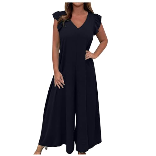 HAOLEI Jumpsuit Damen Sommer Elegant Schick, Overall Locker Atmungsaktiv, Günstig Sommerhose Leicht Und Luftig, Romper Lässig Modisch, Einfarbiger Overall Mit Rüschen Und Weitem Bein Und Schnürung von HAOLEI
