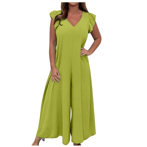 HAOLEI Jumpsuit Damen Sommer Elegant Schick, Overall Locker Atmungsaktiv, Günstig Sommerhose Leicht Und Luftig, Romper Lässig Modisch, Einfarbiger Overall Mit Rüschen Und Weitem Bein Und Schnürung von HAOLEI