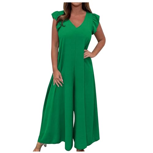 HAOLEI Jumpsuit Damen Sommer Elegant Schick, Overall Locker Atmungsaktiv, Günstig Sommerhose Leicht Und Luftig, Romper Lässig Modisch, Einfarbiger Overall Mit Rüschen Und Weitem Bein Und Schnürung von HAOLEI
