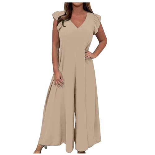 HAOLEI Jumpsuit Damen Sommer Elegant Schick, Overall Locker Atmungsaktiv, Günstig Sommerhose Leicht Und Luftig, Romper Lässig Modisch, Einfarbiger Overall Mit Rüschen Und Weitem Bein Und Schnürung von HAOLEI