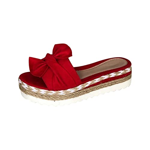 Modische Damen Sandalen Und Hausschuhe Aus Einfarbigem, Espadrilles Elegante Schicke, Günstig Hausschuhe Lässige Modische, Schlichtem, Mit Schleife Gewebtem Stroh Mit Dicker Sohle von HAOLEI