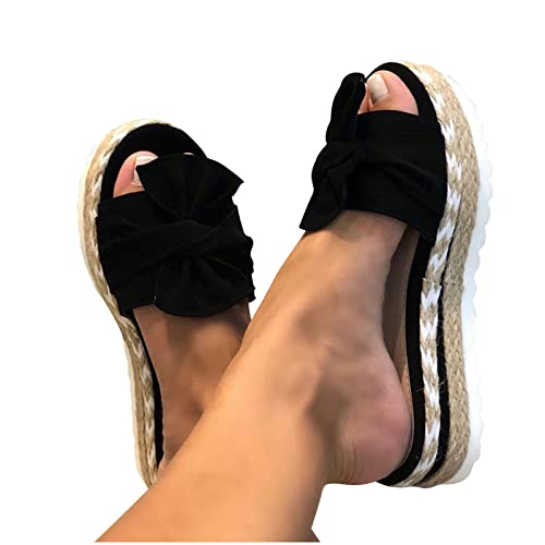 HAOLEI Modische Damen Sandalen Und Hausschuhe Aus Einfarbigem, Espadrilles Elegante Schicke, Günstig Hausschuhe Lässige Modische, Schlichtem, Mit Schleife Gewebtem Stroh Mit Dicker Sohle von HAOLEI
