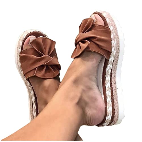 HAOLEI Modische Damen Sandalen Und Hausschuhe Aus Einfarbigem, Espadrilles Elegante Schicke, Günstig Hausschuhe Lässige Modische, Schlichtem, Mit Schleife Gewebtem Stroh Mit Dicker Sohle von HAOLEI