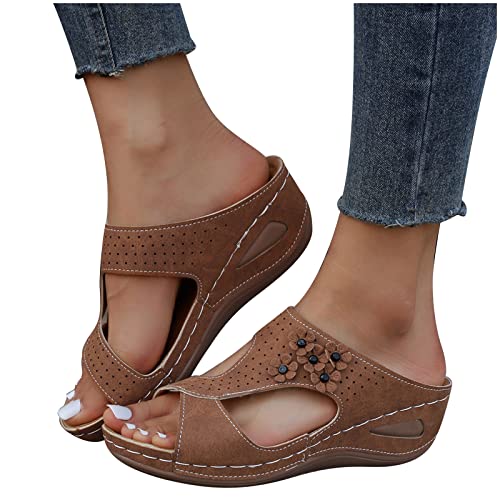 HAOLEI Pantoletten damen Leder Hausschuhe Flache Sandalen Frauen Sommer hell Freizeit Plateau Keilabsatz Ultraleichte Fußbett Massage Slip On Sandalen von HAOLEI