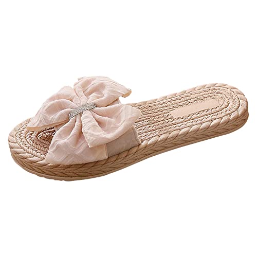 HAOLEI Schlappen Damen Espadrille Sandalen Flache Sommer Schleife Wildleder Sandaletten Peep Toe Plateau Strand Hausschuhe Pantoletten Bequeme Beige Gelb Blau Rosa 35-43 von HAOLEI