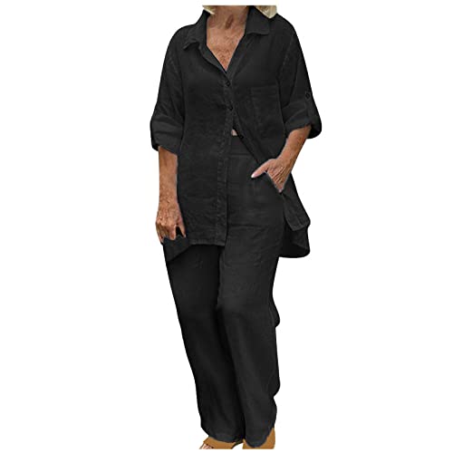 HAOLEI Zweiteiler Damen Freizeitanzug Aus Einfarbiger Baumwolle Und Leinen Langärmliges Revers Oberteil Hemd + Hosenanzug Sale Musselin Set Lockere Und Atmungsaktive Sommer Outfits Leicht Und Luftig von HAOLEI