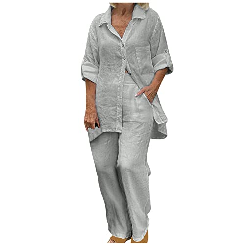 Zweiteiler Damen Leicht Und Luftig Sale Angebote Hausanzug Sommer Baumwolle Und Leinen Günstig Freizeitanzug Aus Einfarbiger Baumwolle Leinen, Langärmeliges Revers Oberteil, Hemd Hosenanzug von HAOLEI