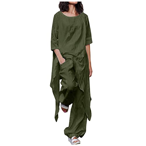 HAOLEI Zweiteiler Damen Sommer Anzug Aus Baumwolle Und Leinen, Einfarbig, Mit Dreiviertel Ärmeln Und Tasche, Günstig Musselin Set Lockere Atmungsaktive, Sonderangebot Sommer Outfits Große Größen von HAOLEI