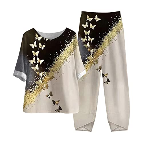 HAOLEI Zweiteiler Damen Sommer Baumwolle Und Leinen, Günstig Sommer Outfits Elegant Schicke, Gedruckt Fünf Rundhals Top+Casual Hosenanzug Zwei Stück Set, Sale Angebote Musselin Set Leicht Und Luftig von HAOLEI