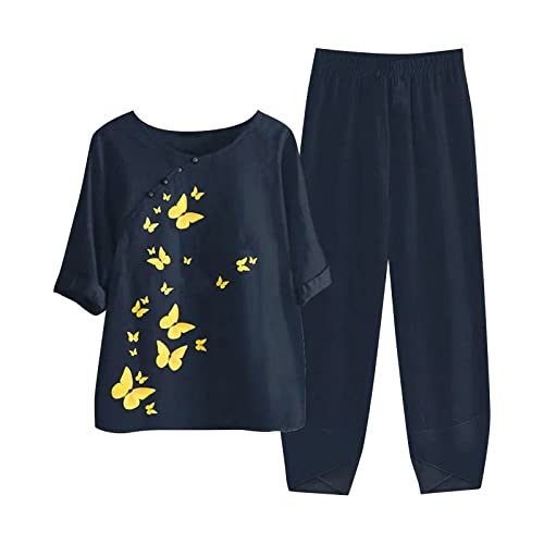 HAOLEI Zweiteiler Damen Sommer Baumwolle Und Leinen, Günstig Sommer Outfits Elegant Schicke, Gedruckt Fünf Rundhals Top+Casual Hosenanzug Zwei Stück Set, Sale Angebote Musselin Set Leicht Und Luftig von HAOLEI