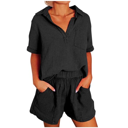 Zweiteiliger Damen Anzug Aus Baumwolle Und Leinen Mit Kurzen Ärmeln Und Tasche, Musselin Set Lockere Und Atmungsaktive, Sommer Outfits Leicht Und Luftig, Günstig Hausanzug Elegant Schicke von HAOLEI