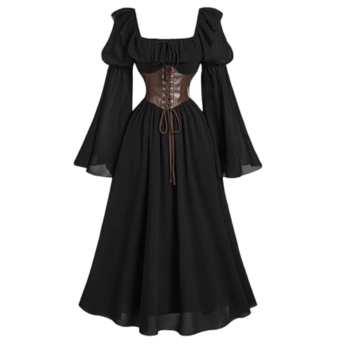 Halloween Kostüm Damen Kleid Frauen Gothic Kleidung Renaissance Partykleid Cosplay Kleider Retro Kleid Im Hofstil Chiffon Figurbetont Mit Quadratischem Ausschnitt Und Langen Trompetenärmeln von HAOLEI