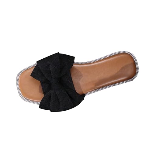Hausschuhe Damen Elegant Bequeme Sandalen Für Grip Und Halt Flache Aus Stoff Mit Quadratischer Zehenpartie Schleife Pantoletten Badeschuhe Schlappen Leicht Robuste Badelatschen Wasserfest Rutschfest von HAOLEI