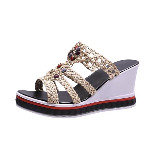 Hausschuhe Damen Elegante Schöne Große Sandalen Bequeme Sommer Sandalen Und Hausschuhe Im Böhmischen Stil Mit Perlen Flechtmuster, Lässiger Keilabsatz, Fischmaul-Schuhe, Ein Wort Hohl Plateausohle von HAOLEI