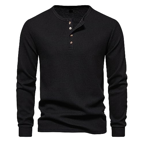 Herren Pullover Langarm T-Shirt Mit Waffelmuster Und Vier Knöpfen Und Rundhalsausschnitt Sweatshirt Weich Und Bequem Bottoming Shirt Lässiger Mode Langarmshirt Klassisch Aus Hochwertiger von HAOLEI