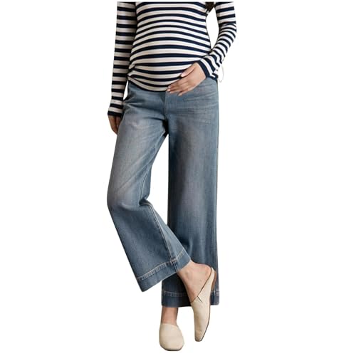 Jeans Für Schwangere Bequeme Umstandshose Jeans Elastisch High Waist Maternity Jean Elegant Denim Hose Umstandsmode für Frühjahr/Herbst Hose mit geradem Bein Passform und weitem Bein 9/10 Hose von HAOLEI
