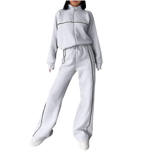 Jogginganzug Damen Elegant, Zweiteiler Tracksuit Leicht, Trainingsanzug Weich Bequem, Herbst Retro Klassiker Linie, Vielseitiger Freizeit Sweatshirt Kordelzug Gerader Hosenanzug Sport Set Lässig von HAOLEI
