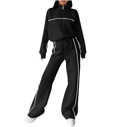 Jogginganzug Damen Elegant Zweiteiler Tracksuit Leicht Trainingsanzug Weich Bequem Herbst Retro Klassiker Linie Vielseitiger Freizeit Sweatshirt Kordelzug Gerader Hosenanzug Sport Set Lässig von HAOLEI