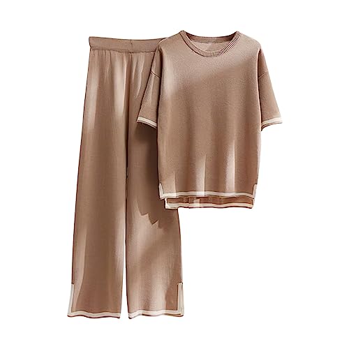 Jogginganzug Damen Eleganter Hausanzug Trainingsanzug Leichter und Atmungsaktiver Lange Hosen Solide Kurze Ärmel Hemd Casual Zweiteiliges Set Warmer von HAOLEI