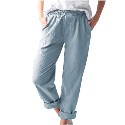 Jogginghose Damen Lockere Lässige, Leinenhose Leicht Luftig, Stoffhose Elegante Schicke, Sommerhose Mit Gummizug, Hose Aus Leinen, Einfarbig, Elastische Taille, Tasche, Hohe Taille, Gerade Hose von HAOLEI