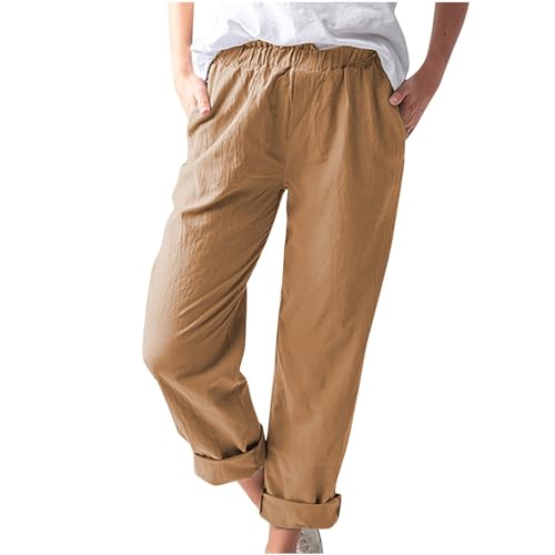 Jogginghose Damen Lockere Lässige, Leinenhose Leicht Luftig, Stoffhose Elegante Schicke, Sommerhose Mit Gummizug, Hose Aus Leinen, Einfarbig, Elastische Taille, Tasche, Hohe Taille, Gerade Hose von HAOLEI