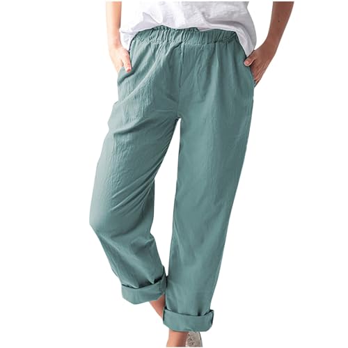 Jogginghose Damen Lockere Lässige, Leinenhose Leicht Luftig, Stoffhose Elegante Schicke, Sommerhose Mit Gummizug, Hose Aus Leinen, Einfarbig, Elastische Taille, Tasche, Hohe Taille, Gerade Hose von HAOLEI