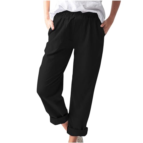 Jogginghose Damen Lockere Lässige, Leinenhose Leicht Luftig, Stoffhose Elegante Schicke, Sommerhose Mit Gummizug, Hose Aus Leinen, Einfarbig, Elastische Taille, Tasche, Hohe Taille, Gerade Hose von HAOLEI