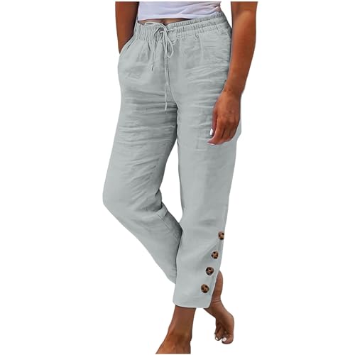 Jogginghose Damen Sommer Modische, Leinenhose Leicht Luftig, Stoffhose Mit Gummizug, Einfarbige Damenhose Aus Baumwolle Und Leinen Mit Lockerem Kordelzug Und Knopf, Lässige Hose Mit Weitem Bein von HAOLEI