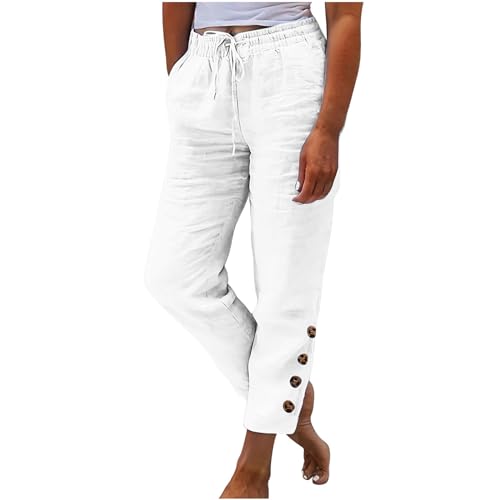 Jogginghose Damen Sommer Modische, Sale Leinenhose Leicht Luftig, Stoffhose Mit Gummizug, Einfarbige Damenhose Aus Baumwolle Und Leinen Mit Lockerem Kordelzug Und Knopf, Lässige Hose Mit Weitem Bein von HAOLEI