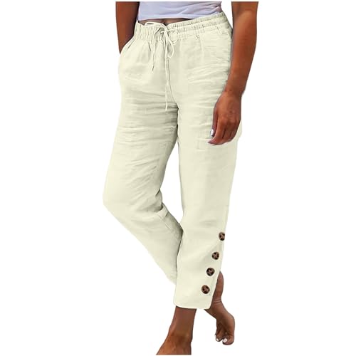 Jogginghose Damen Sommer Modische, Sale Leinenhose Leicht Luftig, Stoffhose Mit Gummizug, Einfarbige Damenhose Aus Baumwolle Und Leinen Mit Lockerem Kordelzug Und Knopf, Lässige Hose Mit Weitem Bein von HAOLEI
