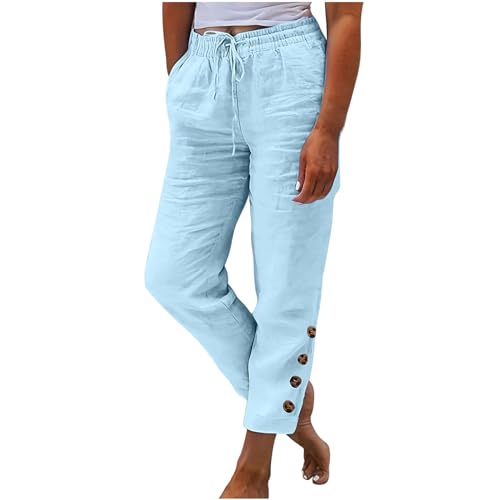 Jogginghose Damen Sommer Modische, Sale Leinenhose Leicht Luftig, Stoffhose Mit Gummizug, Einfarbige Damenhose Aus Baumwolle Und Leinen Mit Lockerem Kordelzug Und Knopf, Lässige Hose Mit Weitem Bein von HAOLEI