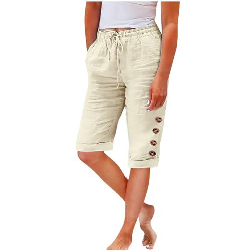 Jogginghose Damen Sommer Modische, Sale Leinenhose Leicht Luftig, Stoffhose Mit Gummizug, Einfarbige Damenhose Aus Baumwolle Und Leinen Mit Lockerem Kordelzug Und Knopf, Lässige Hose Mit Weitem Bein von HAOLEI